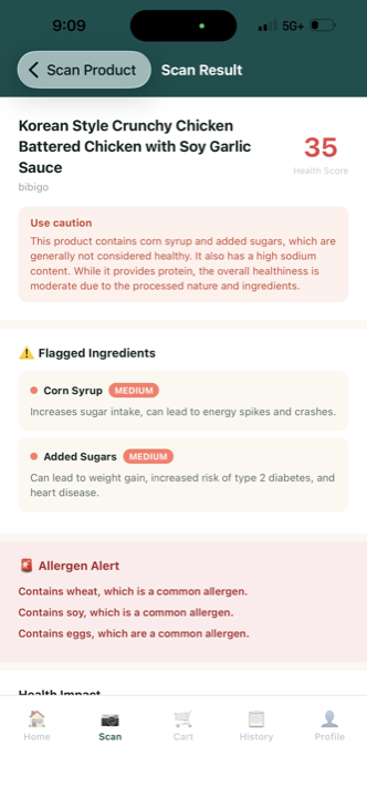 NuSee scan result: Korean style crunchy chicken scores 35, corn syrup and added sugars flagged, allergen alert for wheat, soy and eggs