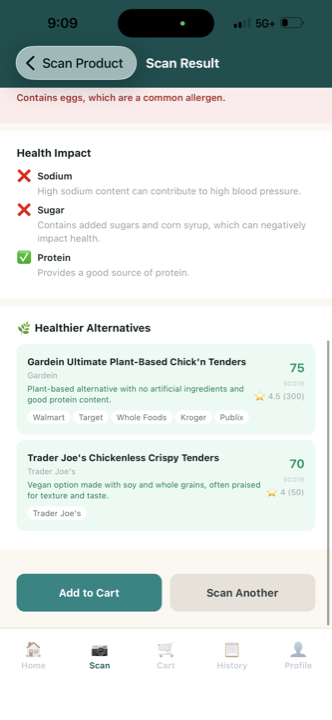 NuSee health impact and healthier alternatives: plant-based tenders scoring 75 and 70 with store availability and add-to-cart